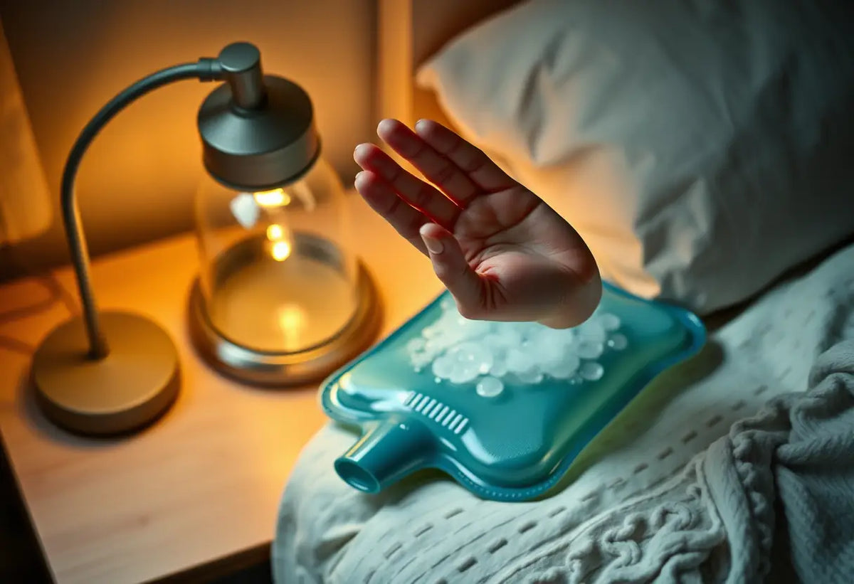 Une bouteille de chauffe posée sur une table de nuit