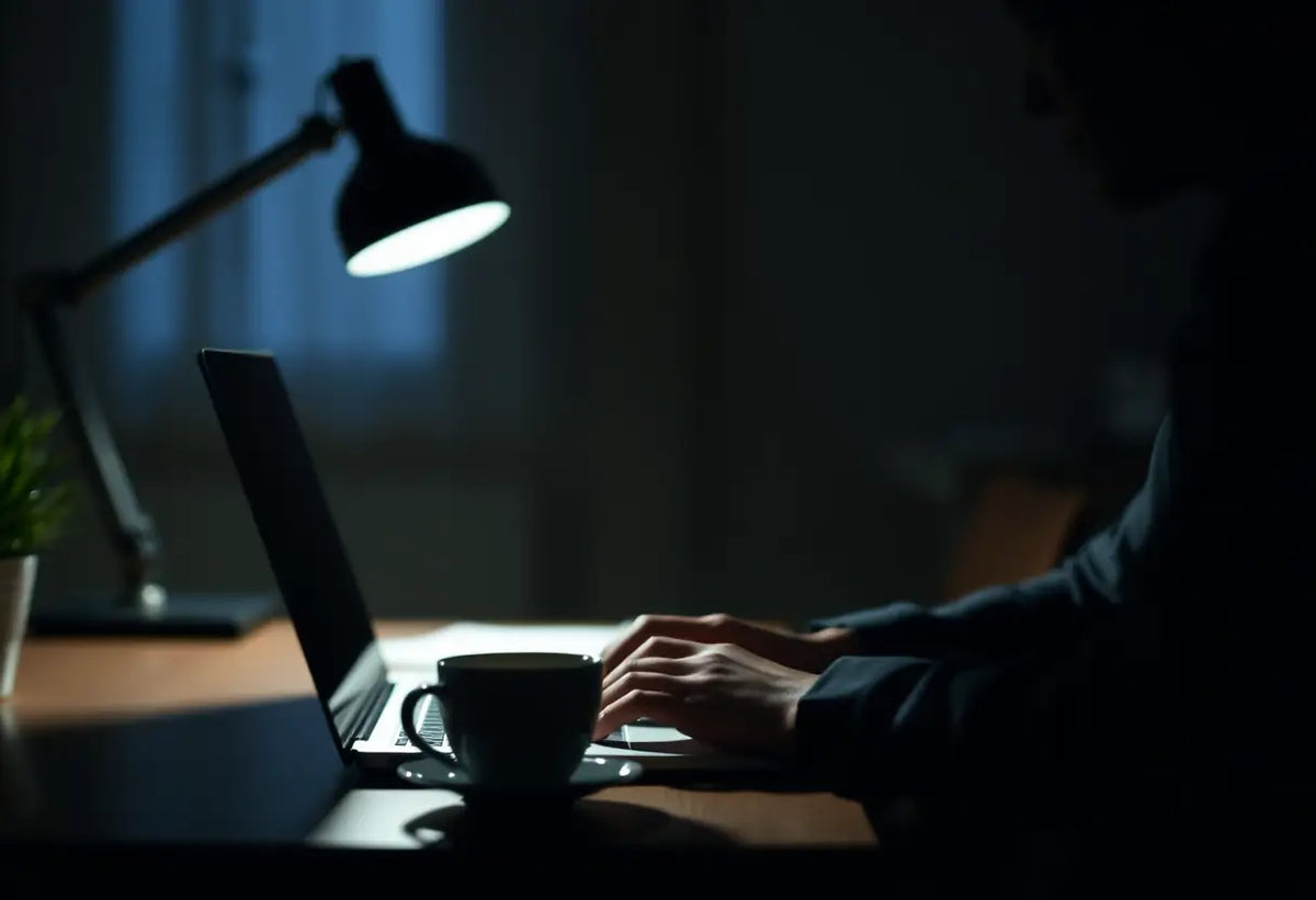 Une silhouette tape sur un ordinateur portable, entourée de ténèbres