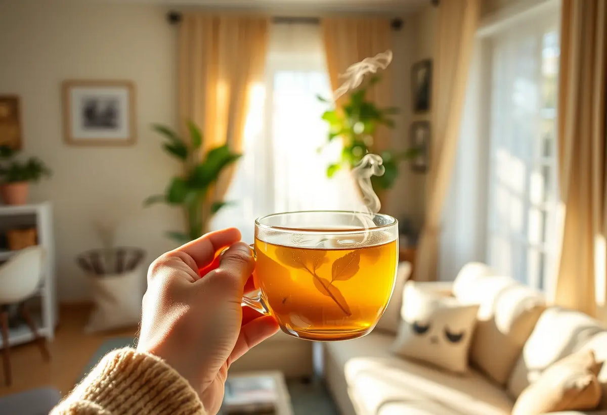 Une main tenant une tasse de thé herbagé dans un salon accueillant, lumière naturelle chaleureuse