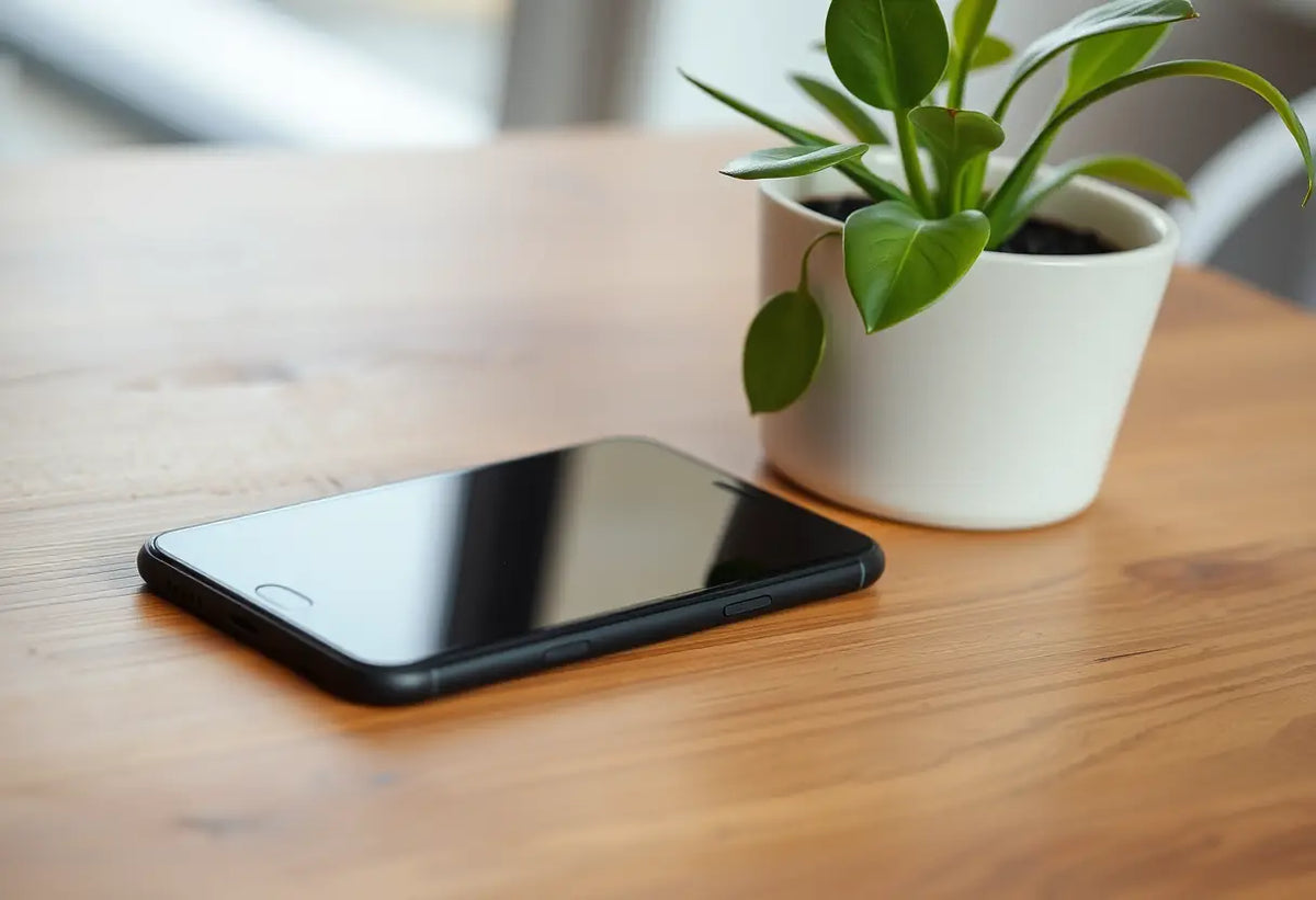Un téléphone portable sur une table avec une plante verte à côté, symbolisant la connexion moderne