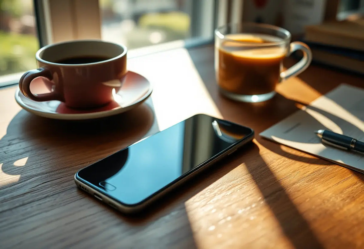 Un téléphone portable sur un bureau avec une tasse de café, pour draguer par sms