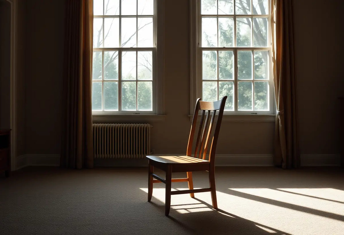 Un fauteuil en bois dans une pièce calme baignée de lumière naturelle.