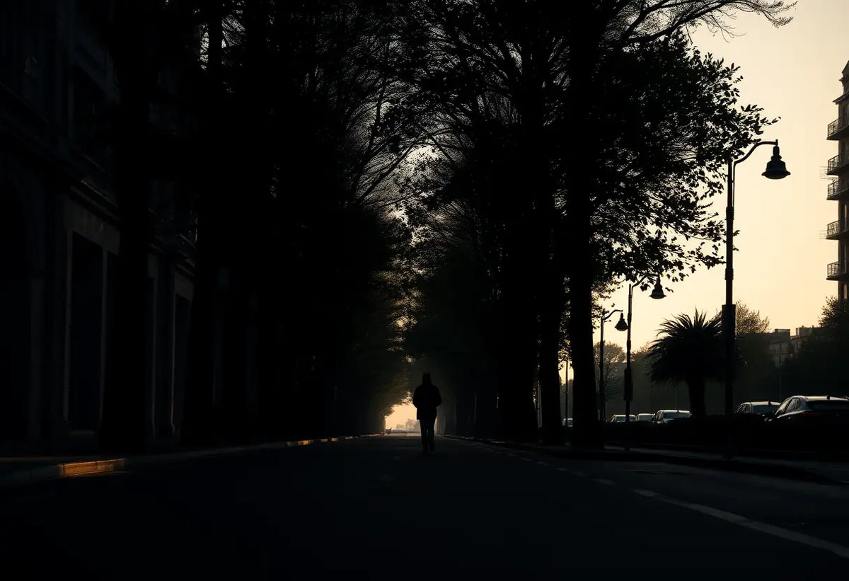 Un silhouetté marchant dans une rue urbaine ombragée par des arbres