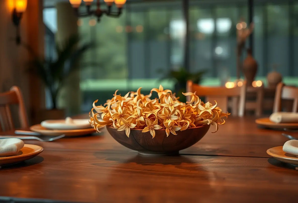 Un bol rempli de fleurs de ylang-ylang sèches sur une table de cuisine, émettant une douce lumière chaleureuse