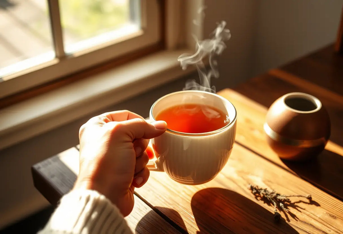 Une main tenant une tasse de thé chaud, apportant chaleur et confort