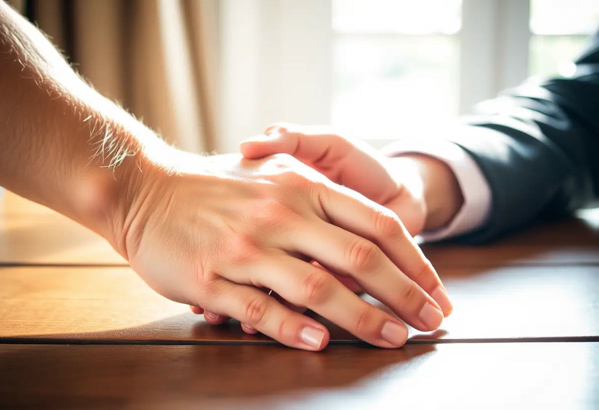 Les mains entrelacées sur une table en bois, lumière naturelle