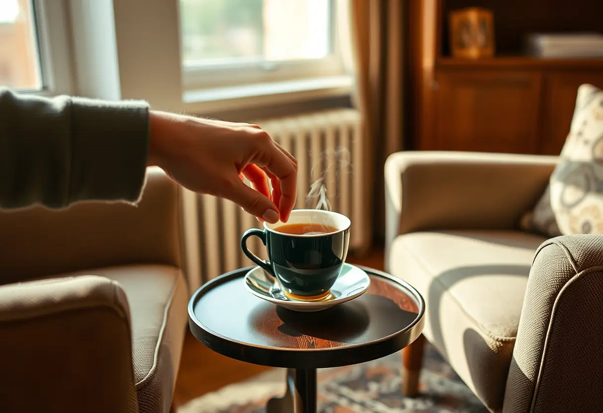 Main de consolation tendue vers une tasse de thé dans une pièce confortable