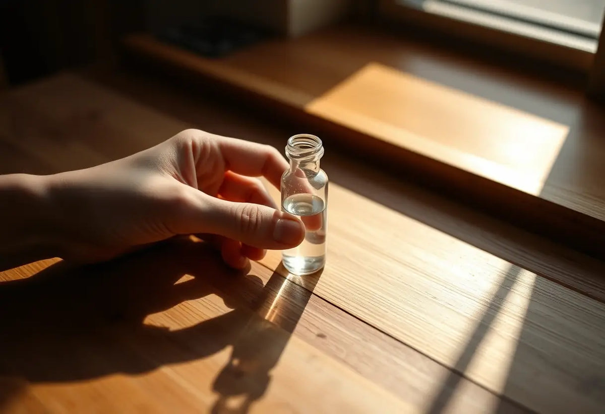 Une main posée sur un flacon contenant du liquide, sur une table en bois, éclairée naturellement.