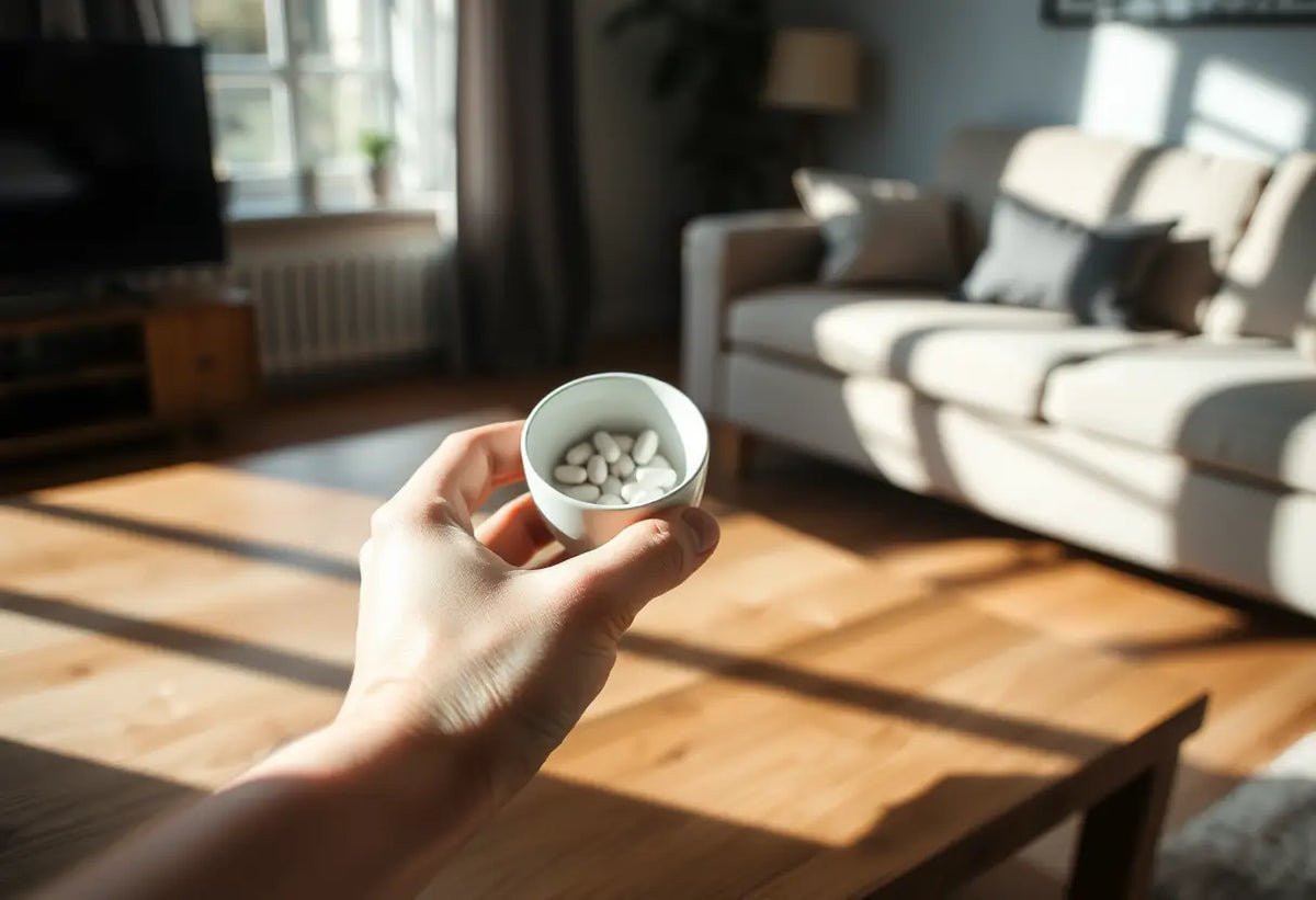Main dans un bol contenant un médicament, dans un salon lumineux