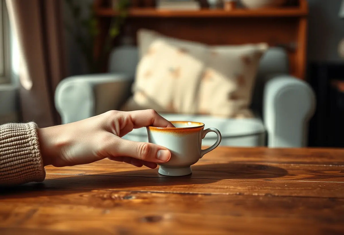 Une main posant délicatement une tasse en porcelaine sur une table en bois, illustrant la douceur de l'environnement intime