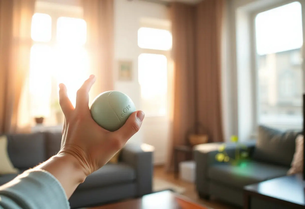 Main de femme tenant une petite balle d'exercice, lumière naturelle