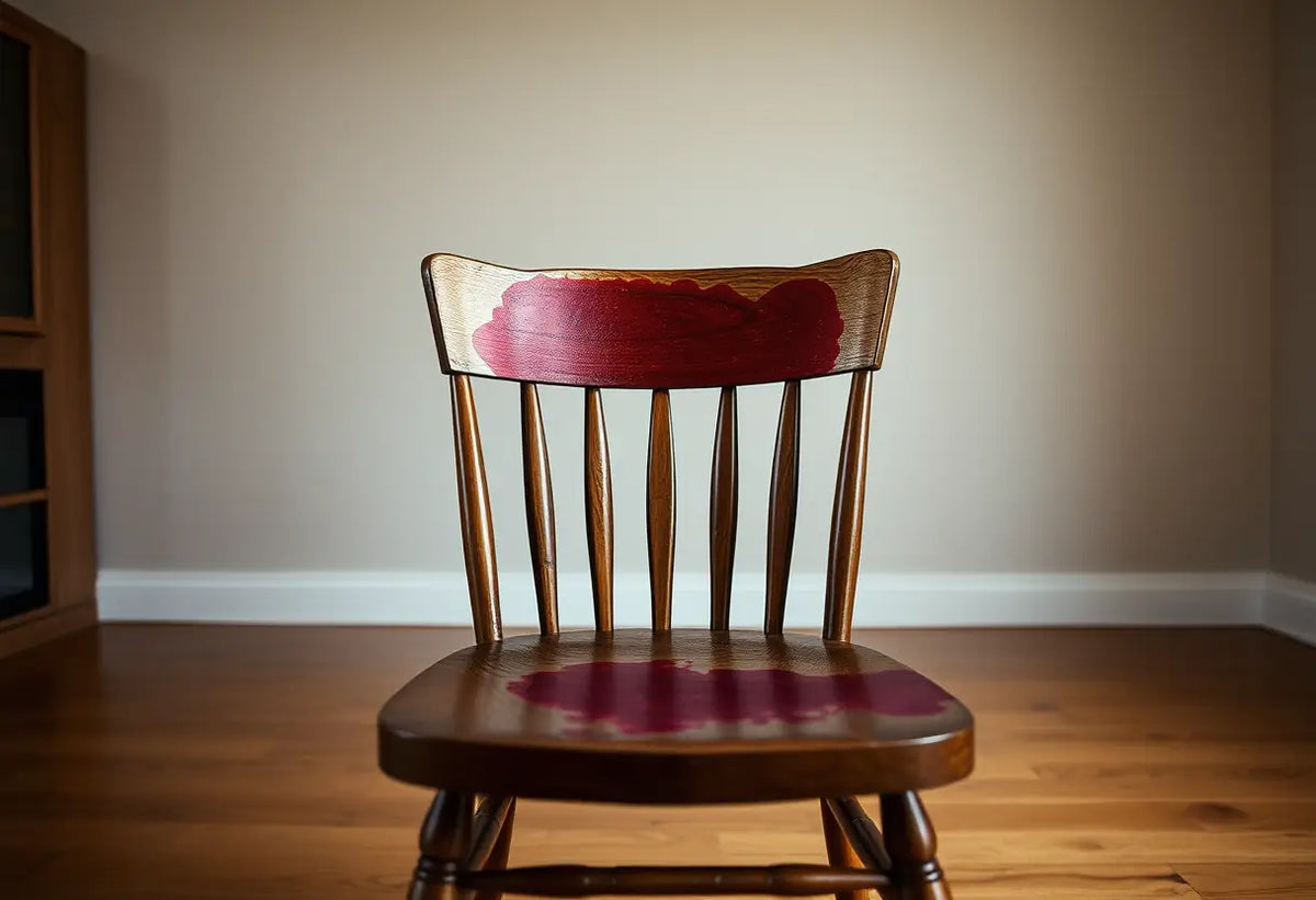 Chaise en bois dans un salon vide dont le siège est taché de rouge foncé