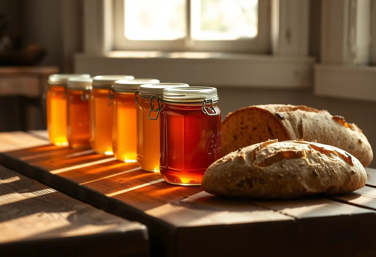 Des pots de miel sur une table en bois rustique, accompagnés de pain complet, sous la lumière du matin.