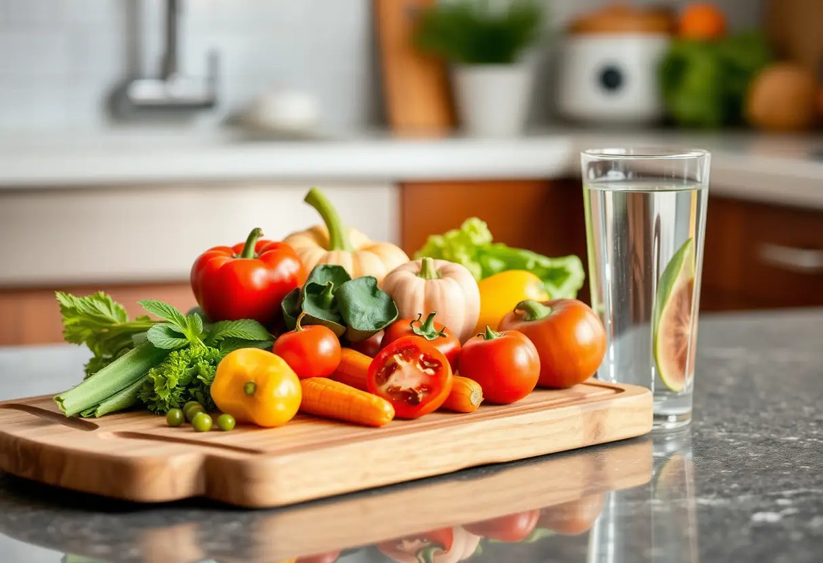 Un plan de travail de cuisine avec des légumes, des fruits et une bouteille d'eau