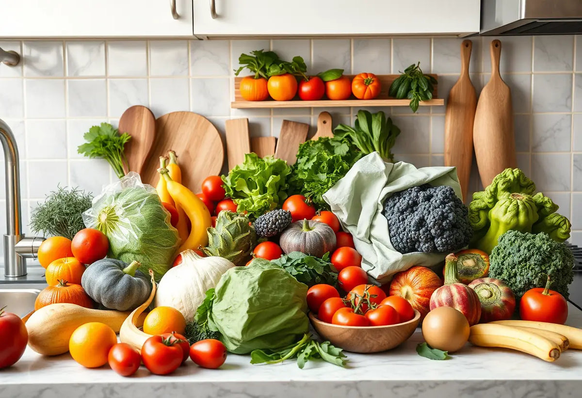 Un plan de travail de cuisine rempli de produits frais et variés pour favoriser la santé reproductive.