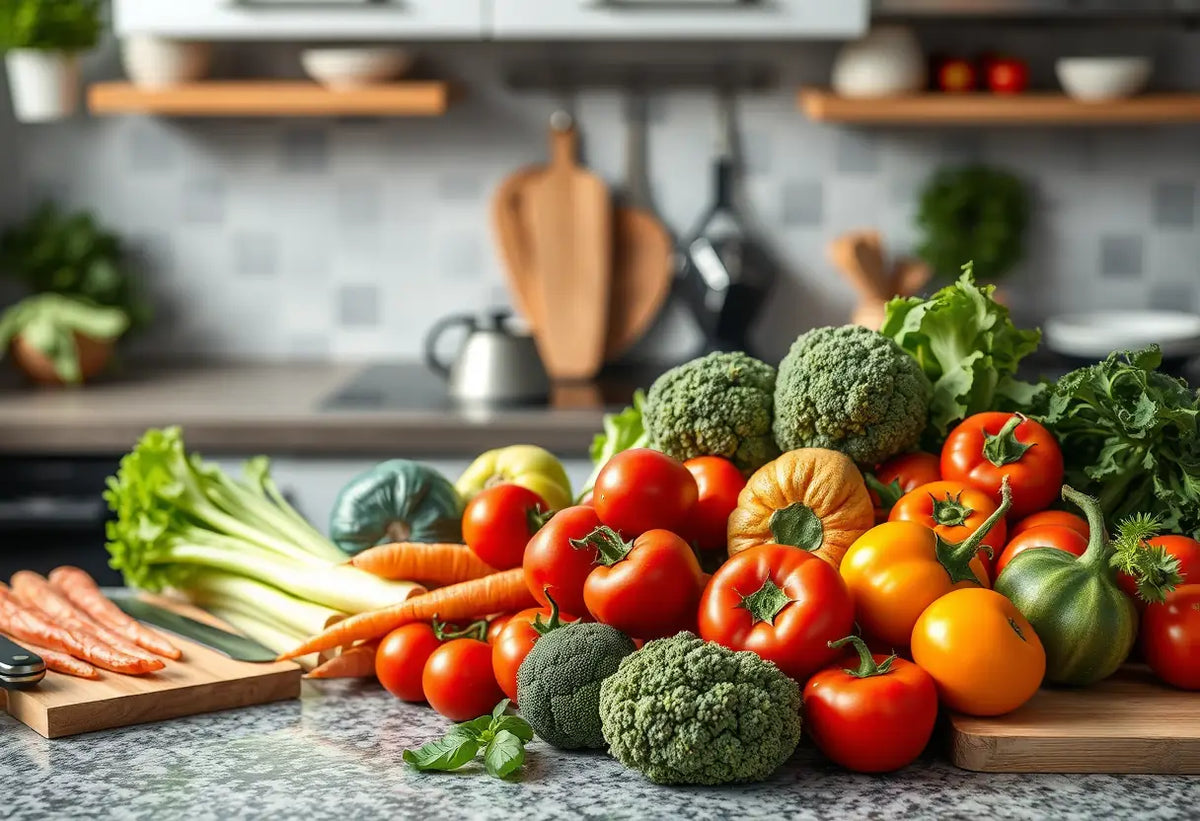 Des légumes frais disposés sur un plan de travail de cuisine
