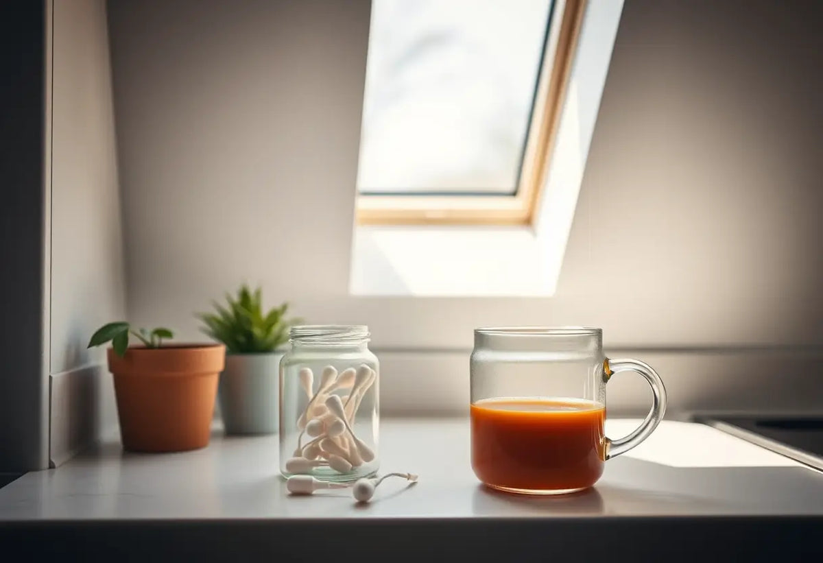 Étagère de cuisine avec une tasse de thé et un bocal de protections hygiéniques