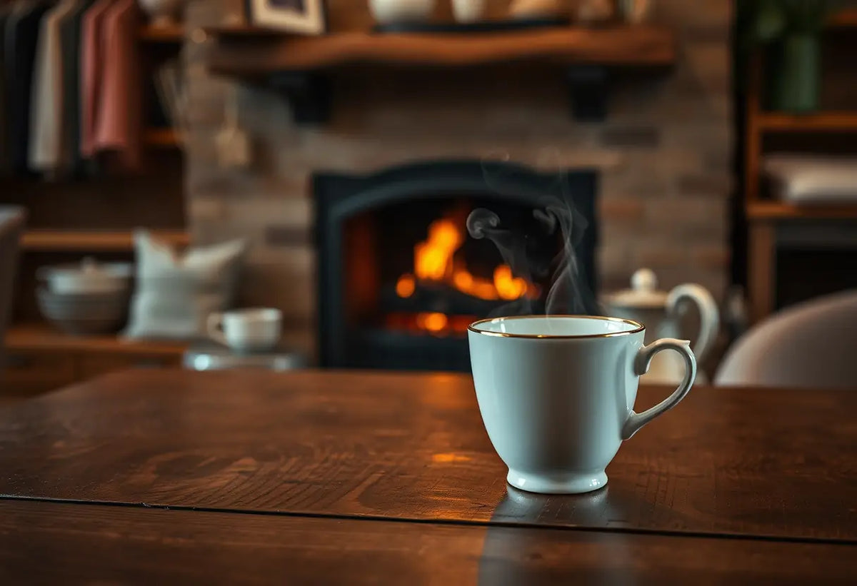 Une tasse de thé posée sur une table en bois, avec la cheminée qui crépite derrière