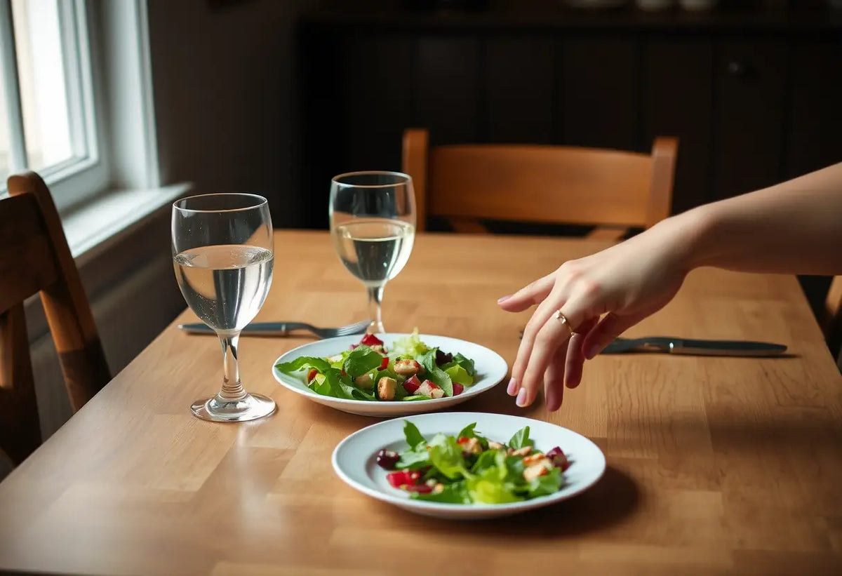 Table dressée pour deux avec verres et assiette de salade restée
