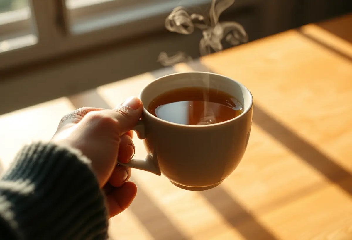Main: Une main tenant une tasse de thé parfumé, éclairée par la lumière naturelle.