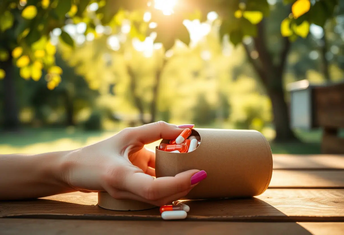 Une main féminine tient un tube cartonné de comprimés sur une table en bois, en plein air, thème de la contraception.