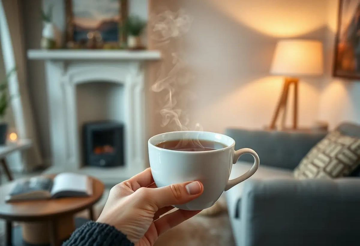 Une main tenant une tasse de thé aux herbes dans un salon chaleureux