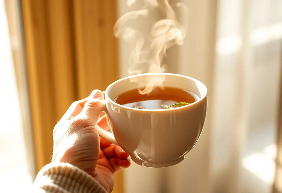 Une main tenant une tasse de thé herbeux, apportant détente et bien-être
