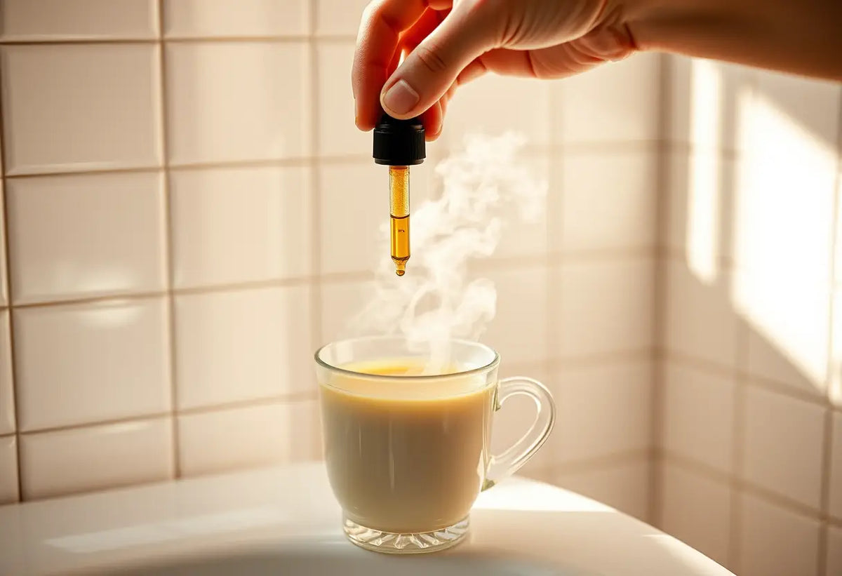 Une main verse une huile essentielle dans un verre d'eau chaude, la vapeur se répand dans la salle de bains.