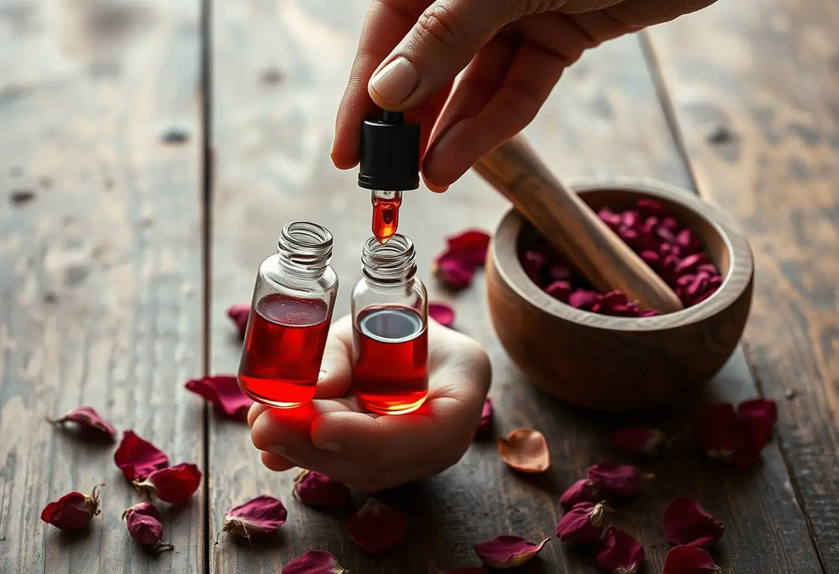 Une main verse une goutte d'huile essentielle de rose dans une bouteille