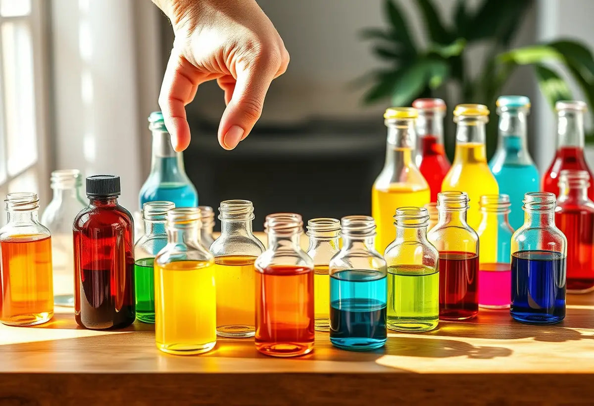Tableau avec des bouteilles d'huiles essentielles pour la vitalité masculine