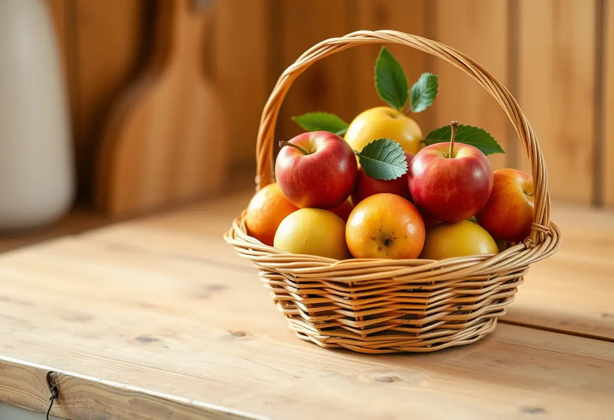 Un panier en osier rempli de fruits frais posé sur un plan de travail en bois, symbolisant la douceur d'une connexion réussie