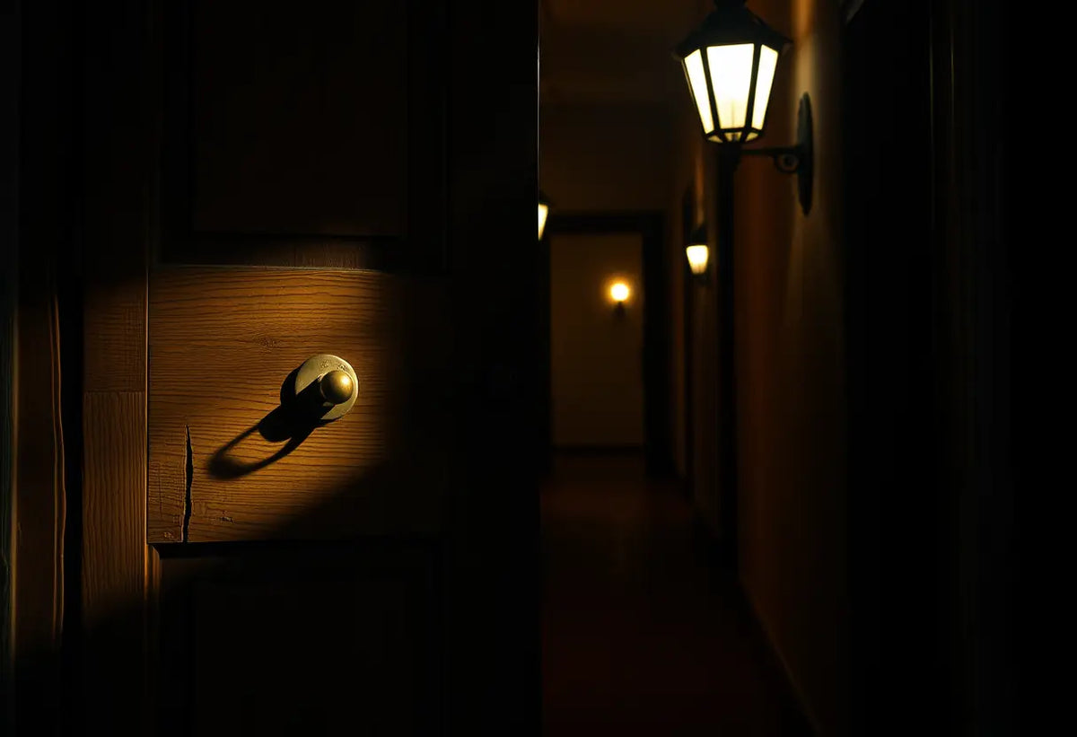Une porte en bois avec poignée de cuivre, entrouverte, révélant un couloir éclairé par une ampoule.