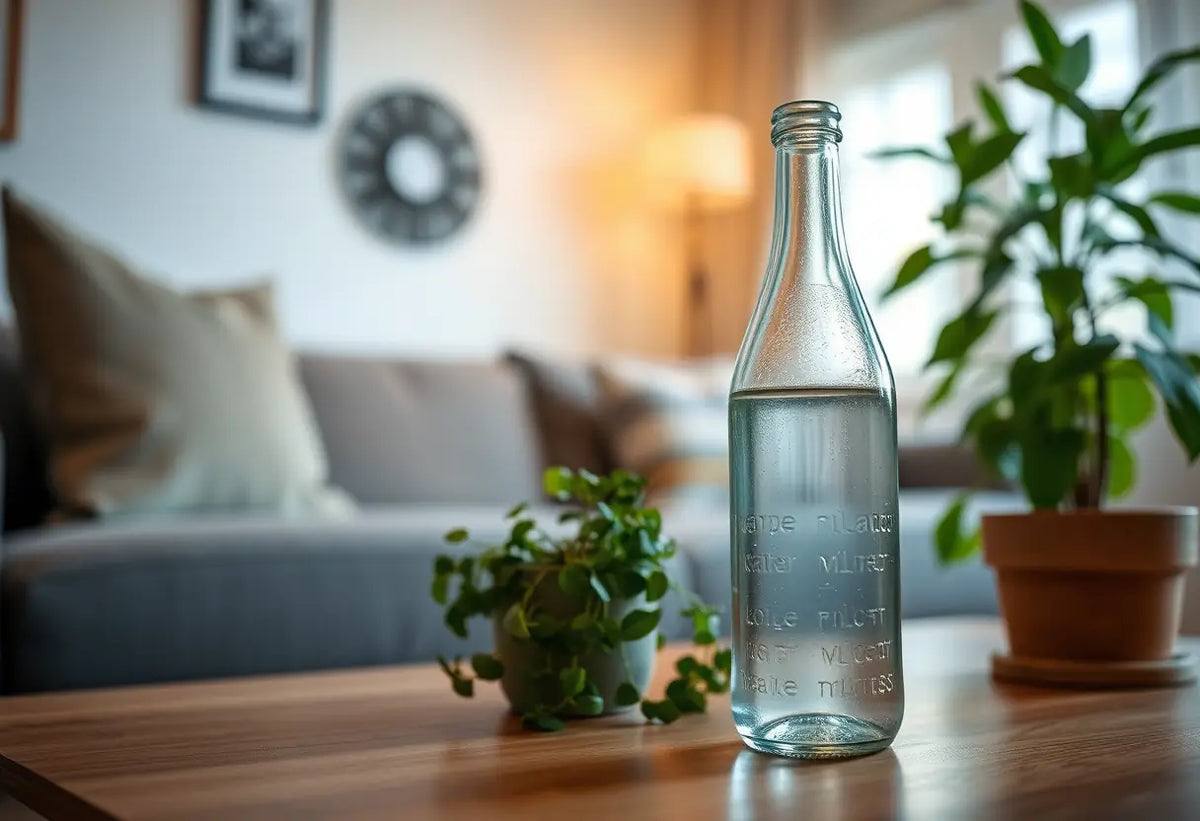 Une bouteille en verre pleine d'eau sur une table en bois, entourée d'une plante en pot dans un salon accueillant.