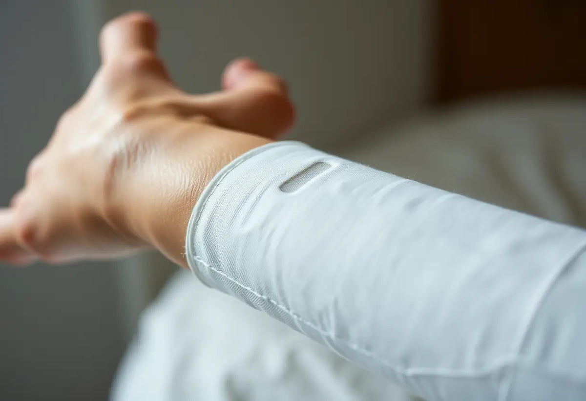 Un bras enveloppé d’un bandage blanc, montrant l’emplacement de l’implant