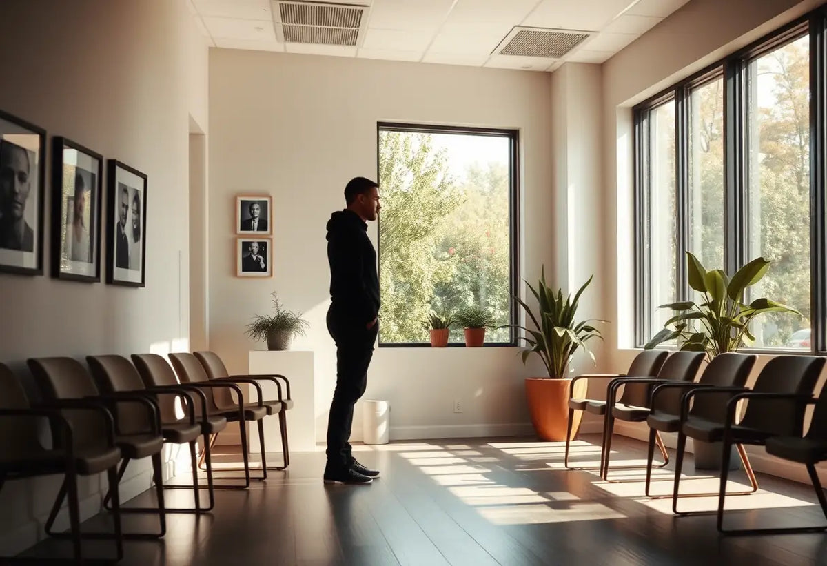 Silhouette de personne dans une salle d'attente calme avec fenêtre