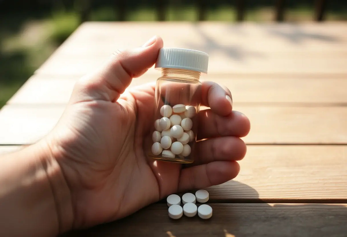 Une main tenant un petit flacon de comprimés posé sur une table en bois, sujet de l'article sur la contraception et la libido.