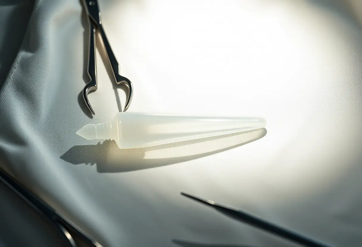 Implant contraceptif posé sur un tissu blanc, entouré d'outils chirurgicaux stériles
