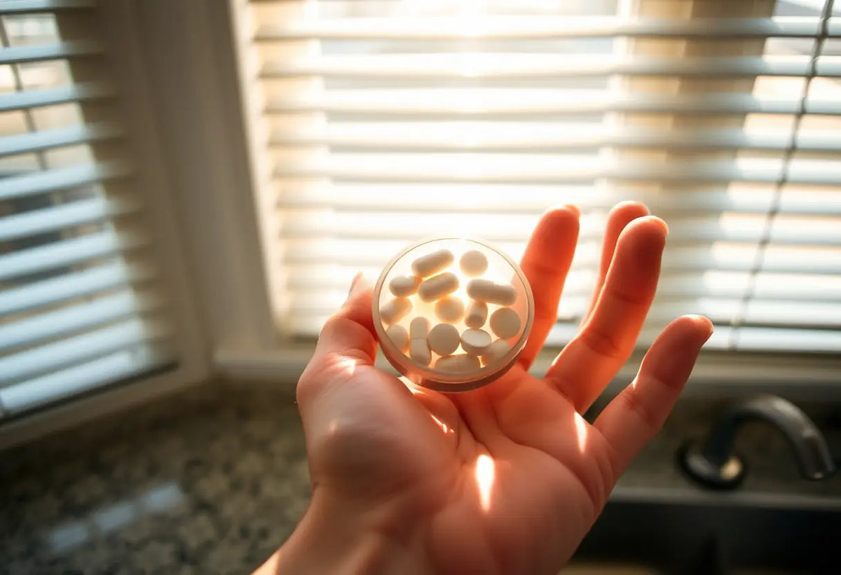 Une main tenant un flacon rond de pilules contraceptives