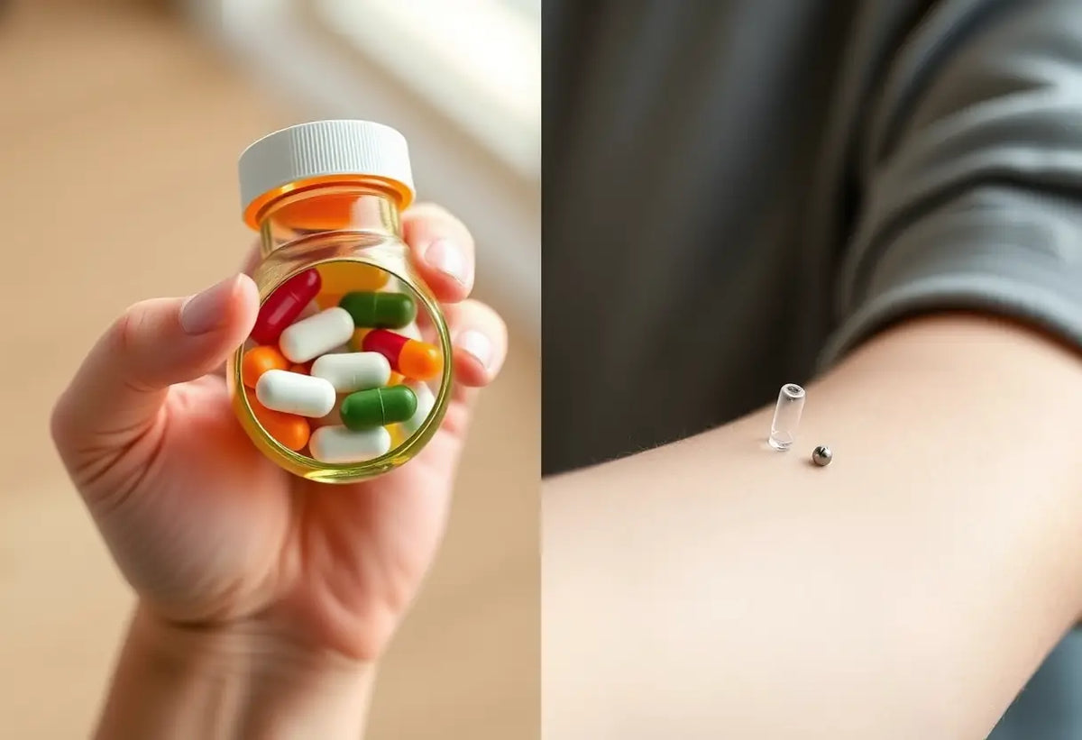Une main tenant un flacon de vitamines près d'un bras où l'implant est visible