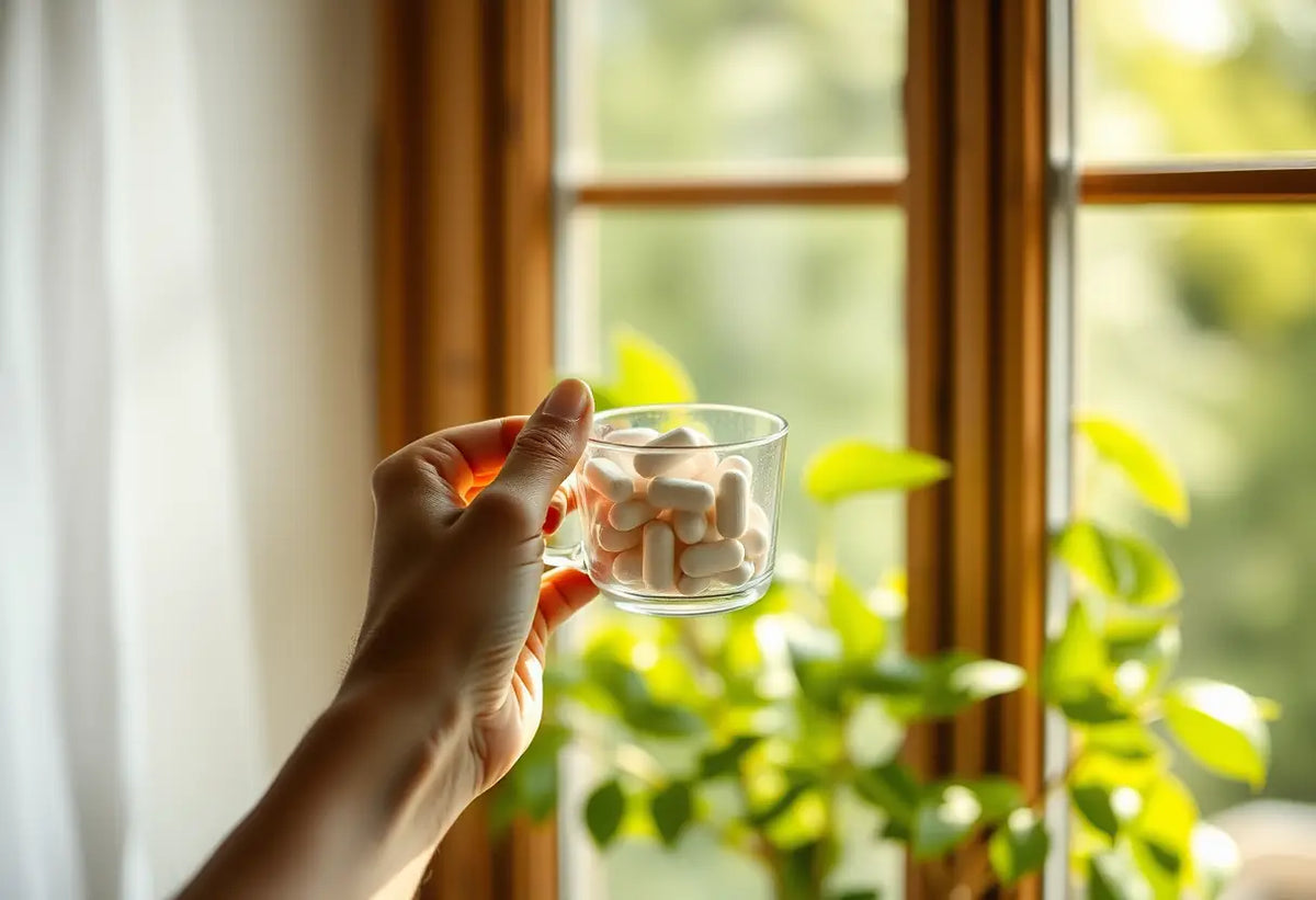 Main de femme tenant un verre de comprimés sous la lumière du matin