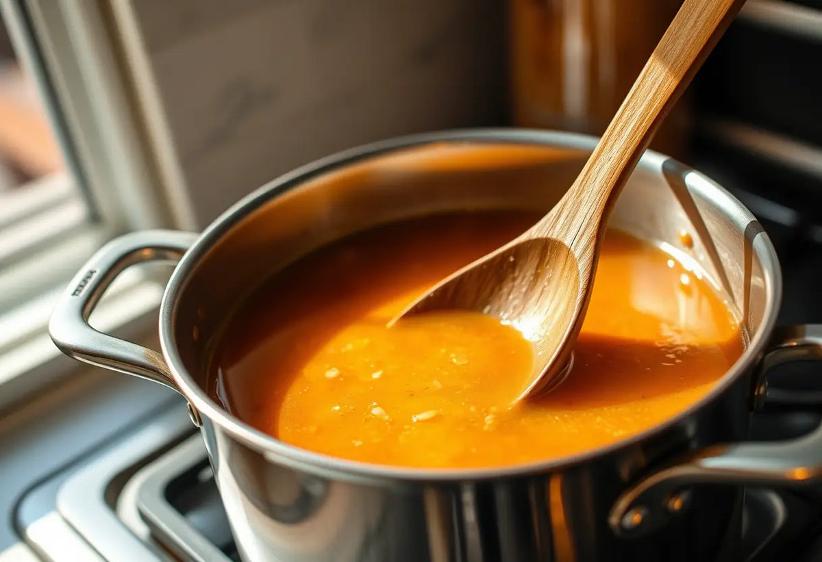 Cuillère en bois qui remue une soupe chaude, lumière naturelle