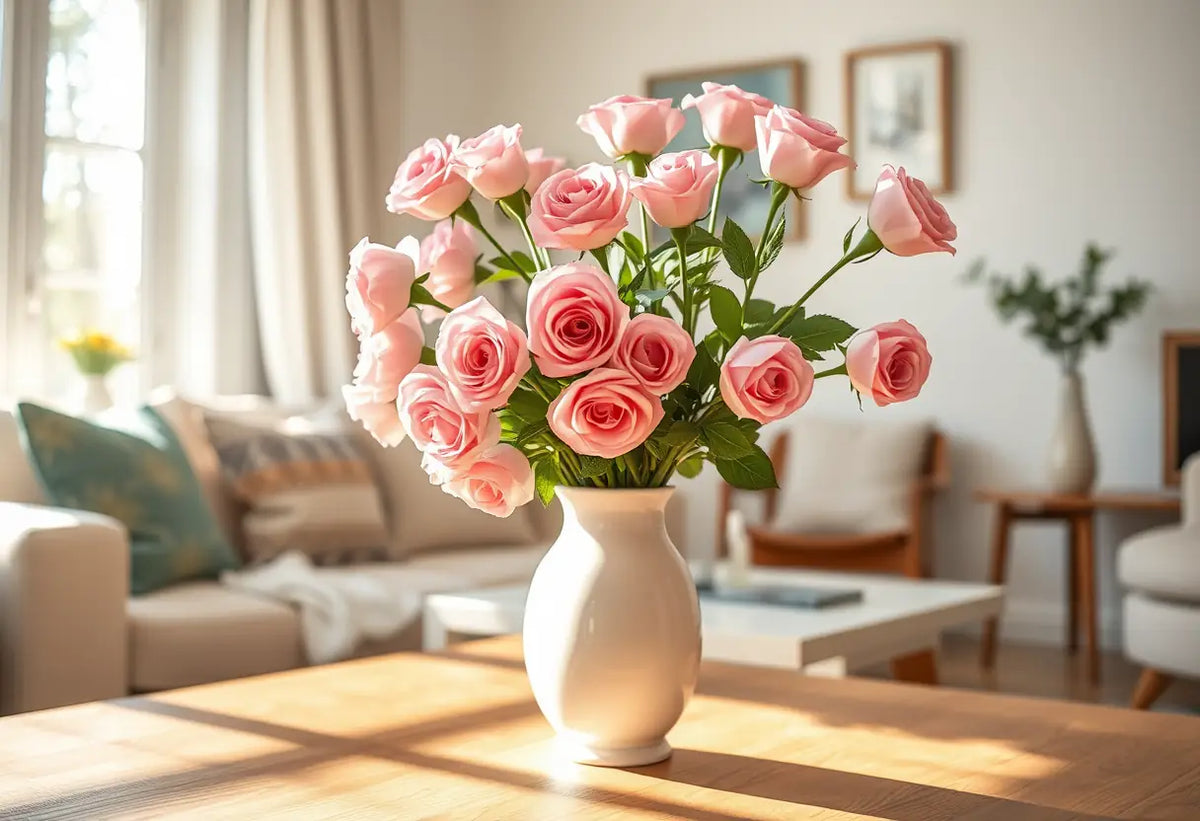 Un vase en porcelaine blanche rempli de roses roses dans un salon chaleureux