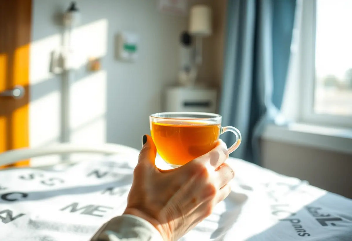 Une main tenant une tasse de thé de camomille, symbolisant le réconfort après une intervention