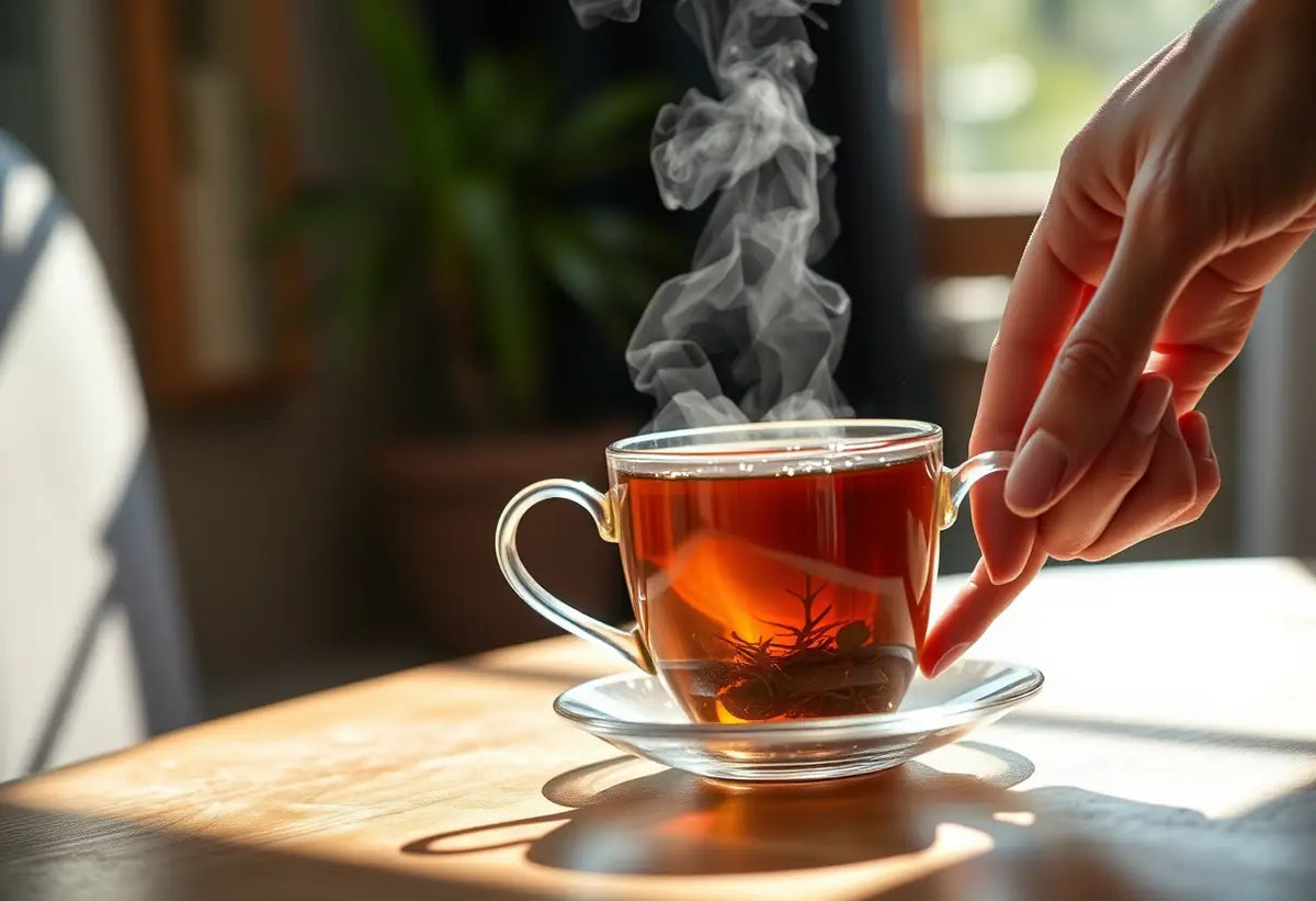 Une main tenant une tasse de thé herbeux, éclairée par la lumière du jour, liée au sujet de la stérilité.