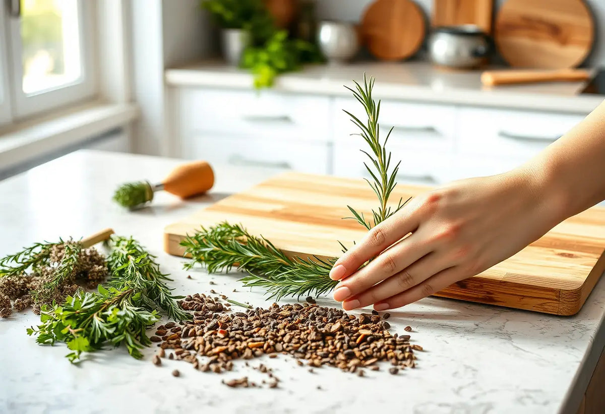 Epices et herbes sur un plan de travail cuisine
