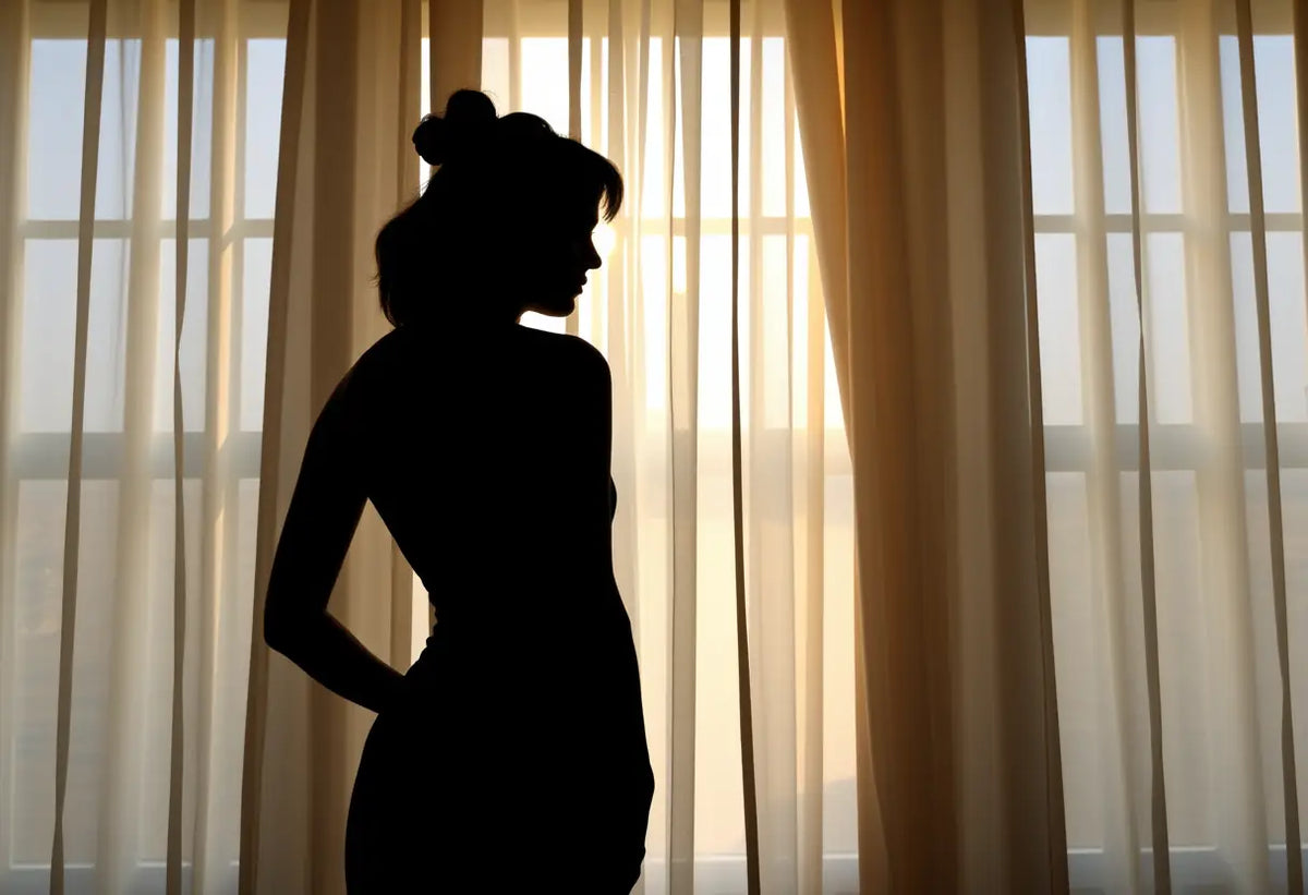 Un profil se dessine contre une fenêtre, éclairé par la lumière du soleil qui filtre à travers des rideaux translucides