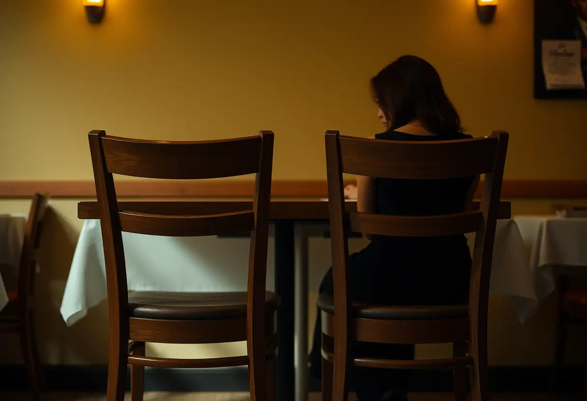 Deux chaises en bois face à face dans un restaurant intime, une femme assise penchée légèrement vers l’autre chaise.