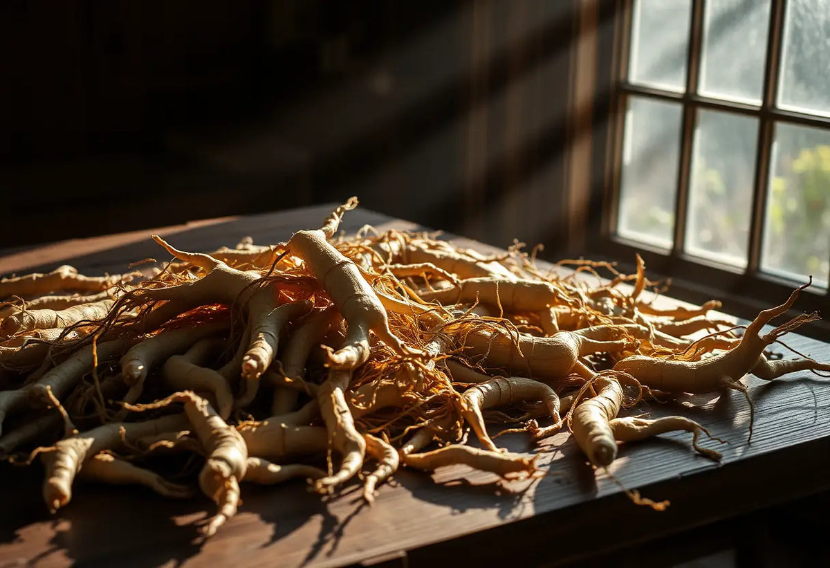 Racines de ginseng sèches sur un bureau, lumière du matin