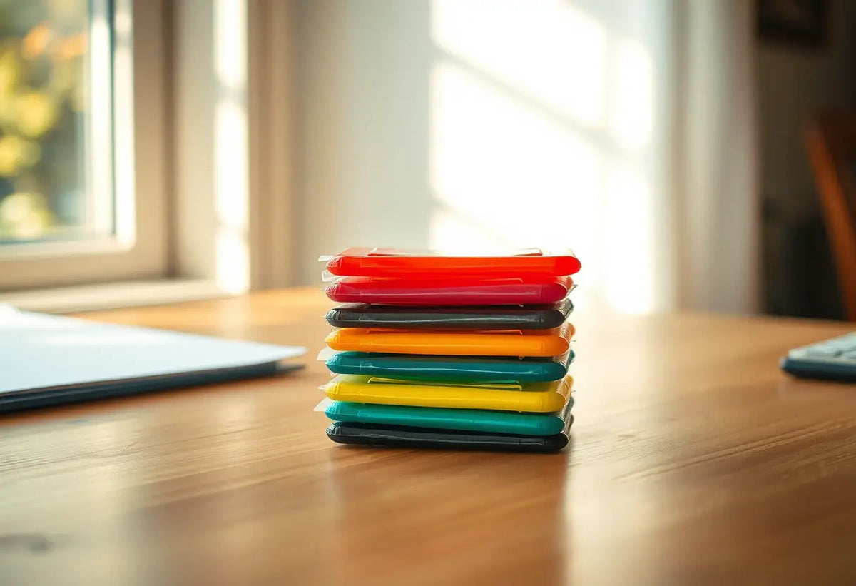Une pile de préservatifs bien rangés sur un bureau en bois, chacun d'une couleur différente