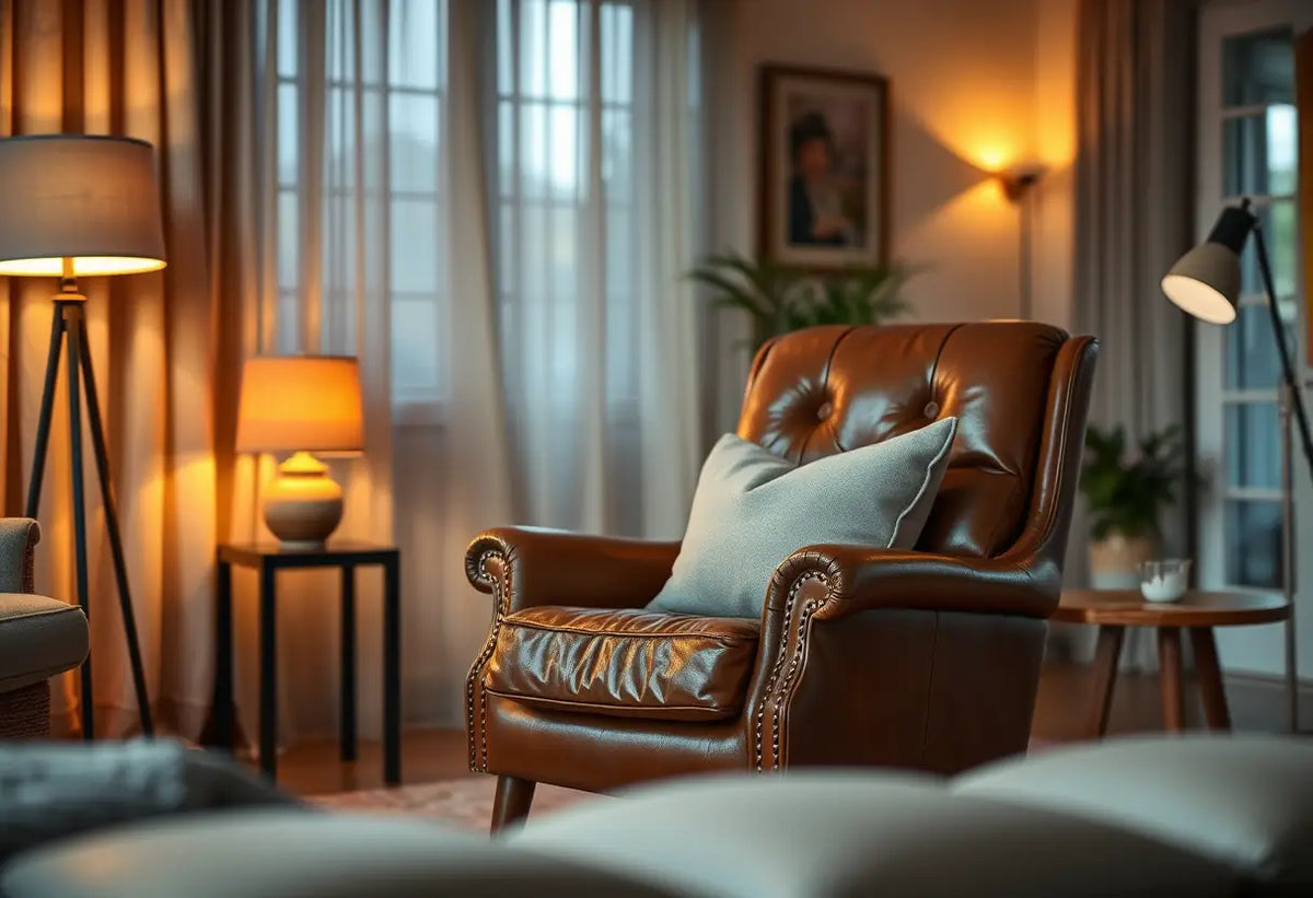 Un fauteuil en cuir dans un salon confortable éclairé par des lampes de chevet pour symboliser un espace détente et bien-être.